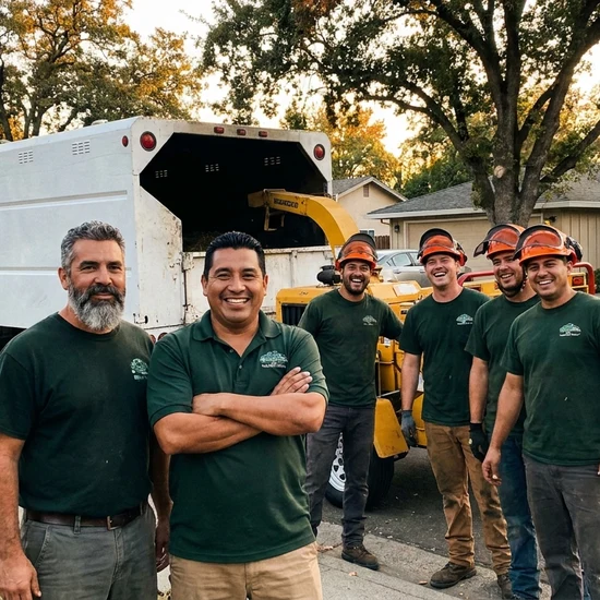 Tree service owner and crew with chip truck on a New Orleans street